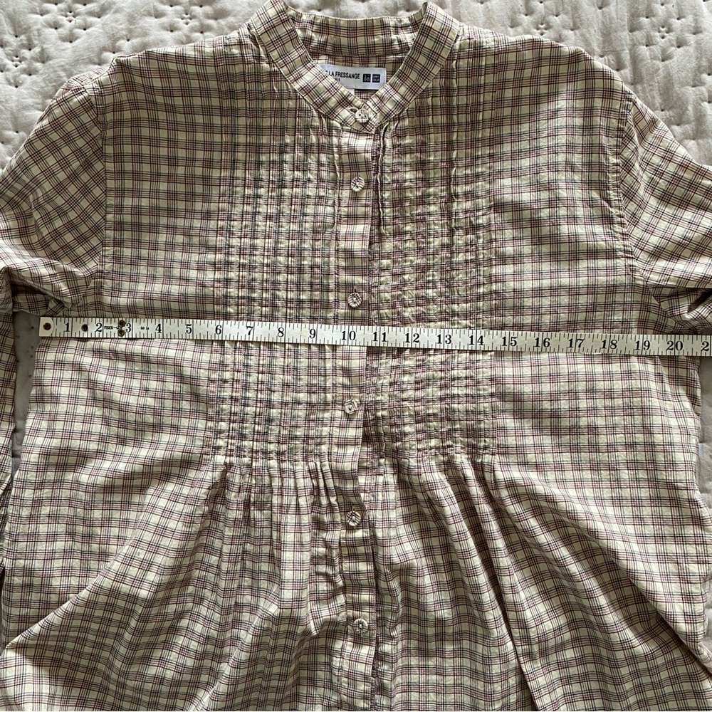Uniqlo 100% Cotton Classic Beige Plaid Button-Up Shirt with Mauve & Navy Stripes - Picture 10 of 12